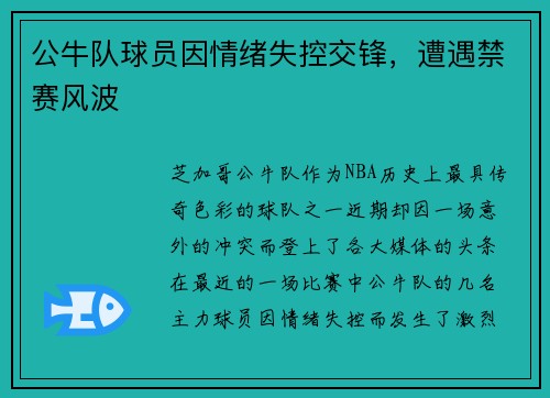 公牛队球员因情绪失控交锋，遭遇禁赛风波